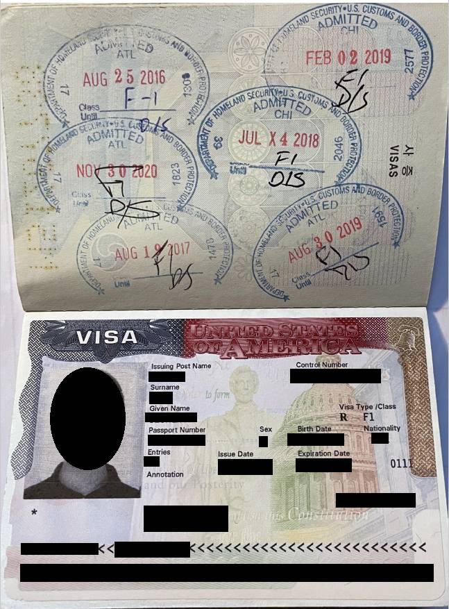 Sample image of visa stamp with opposing page